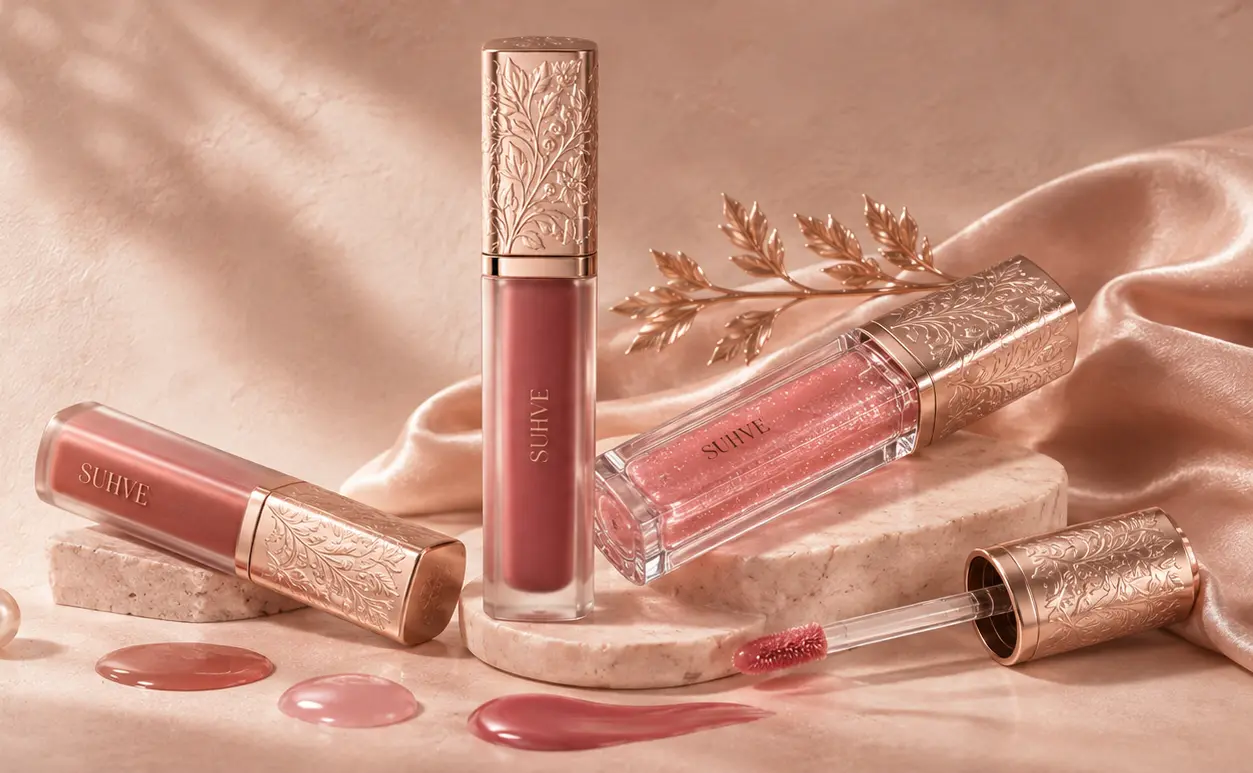 SUHVE lip tint, gloss and creamy lip color in rose-gold botanical packaging