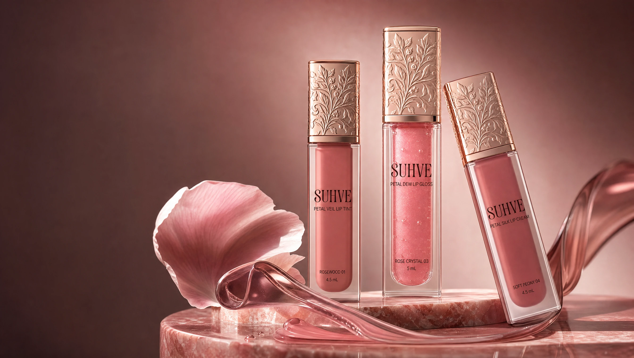 SUHVE Petal Veil, Petal Dew and Petal Silk with sculpted botanical caps, arranged among rose glass and petals